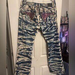 Robins Men's Blue and White Tie-Dye Jeans with Embellished Back Pockets